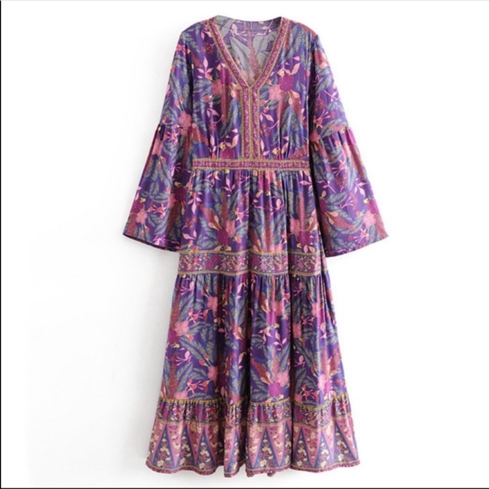 Bohemian Purple Floral Maxi Dress - Lightweight Tiered Sleeve Dopamine Dress - Picture 4 of 8